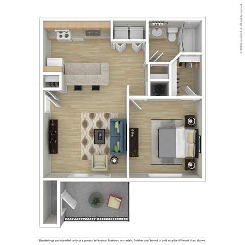 a stylized floor plan of a 1 bedroom apartment